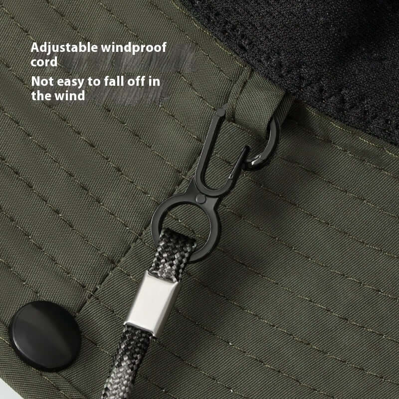 Adjustable windproof cord detail of a summer sun protection hat; ideal for cycling and fishing during resistant summer.