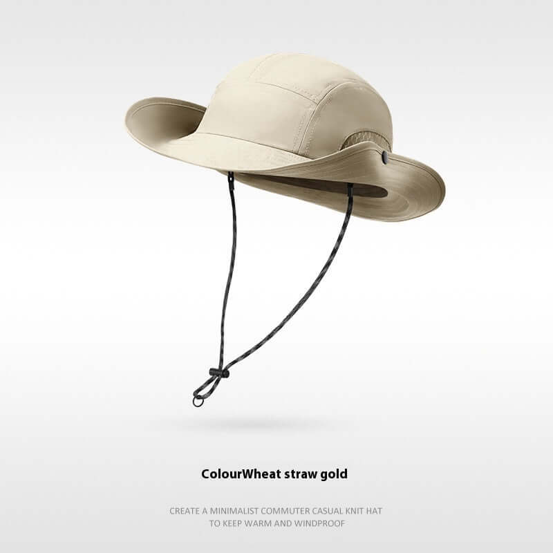 Summer sun protection hat in straw gold color, resistant summer design for outdoor activities like cycling and fishing.
