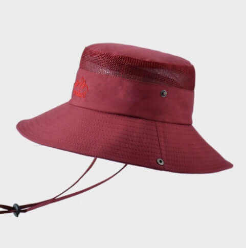 Big brim sun hat outdoor protection in red color with breathable mesh for mountaineering and sun protection.