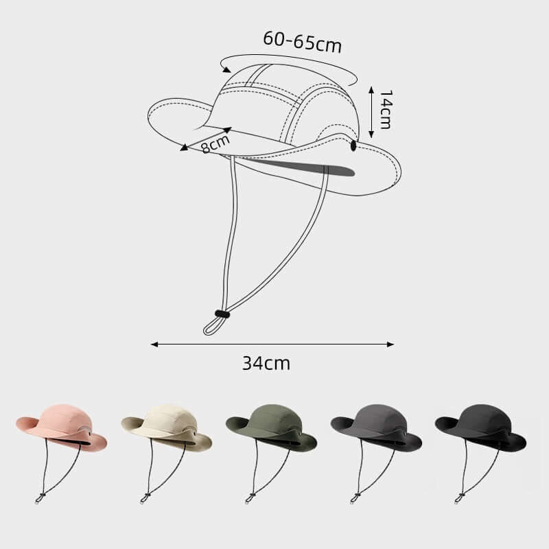 Diagram showing dimensions and colors of a summer sun protection hat, featuring adjustable sizes and resistant summer properties.