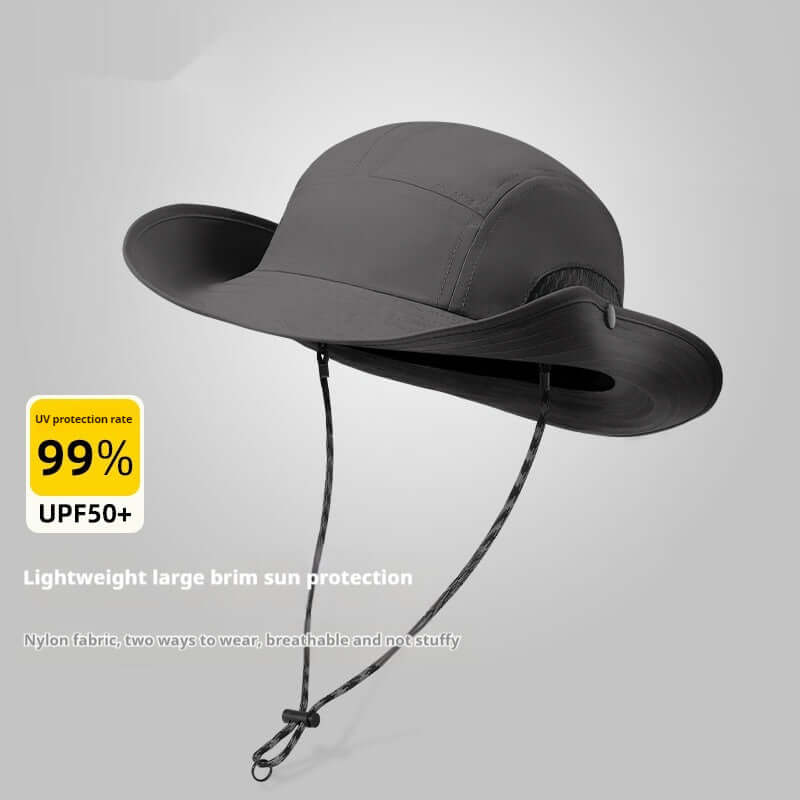 Lightweight large brim sun protection hat made of nylon, designed for summer sun protection, resistant summer, breathable and adjustable.