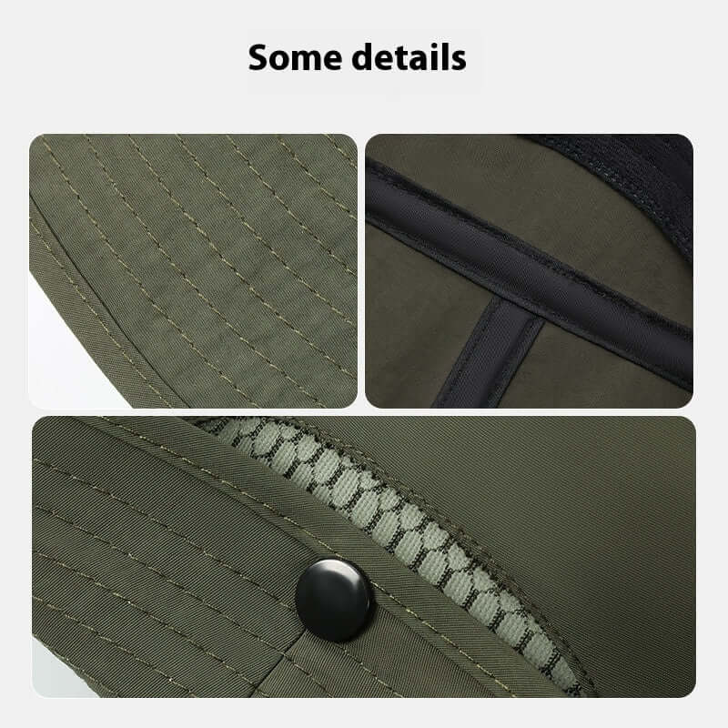 Close-up details of the breathable, adjustable nylon summer sun protection hat for outdoor cycling and fishing, resistant summer.